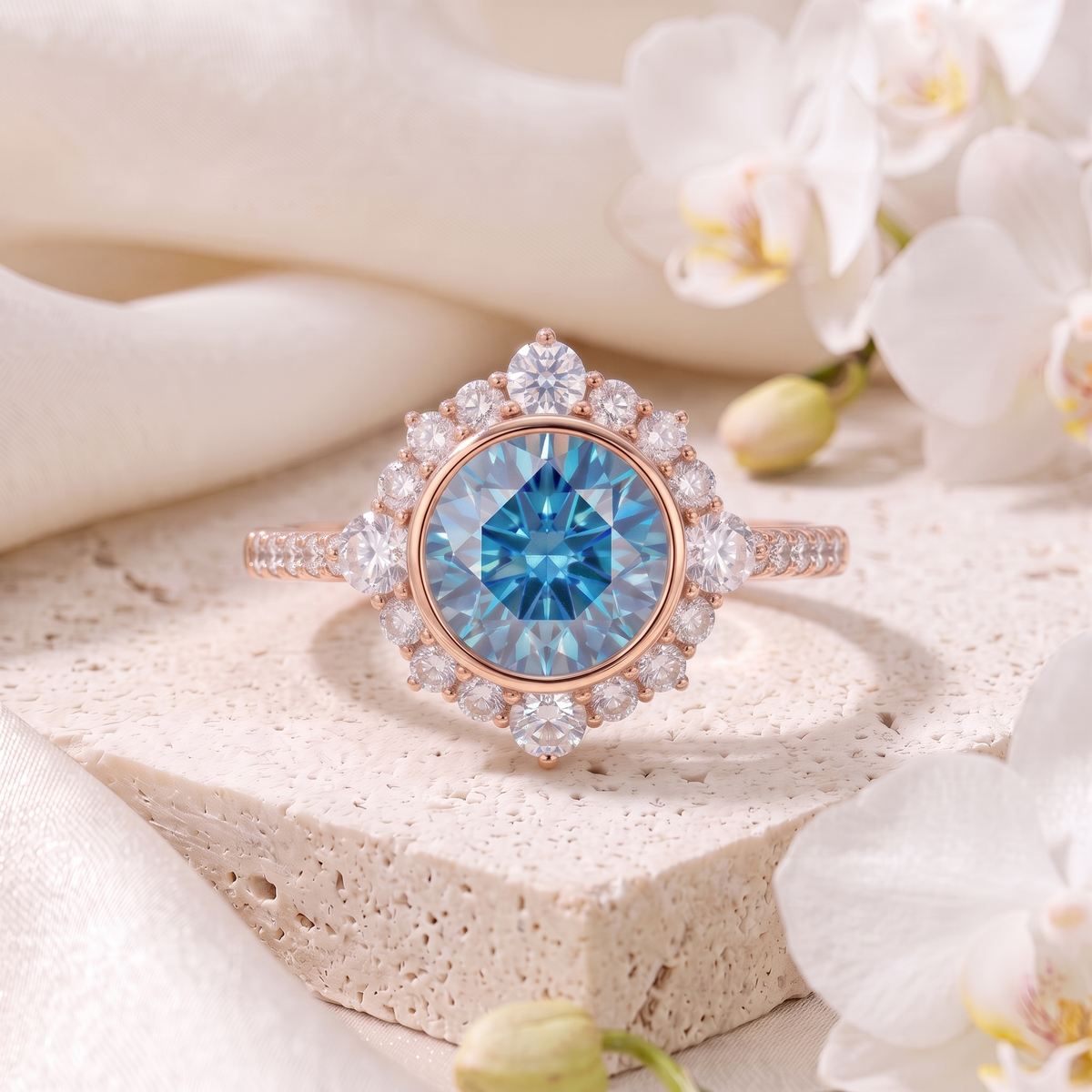 Vintage halo round blue moissanite engagement ring in rose gold set on a stone stand.