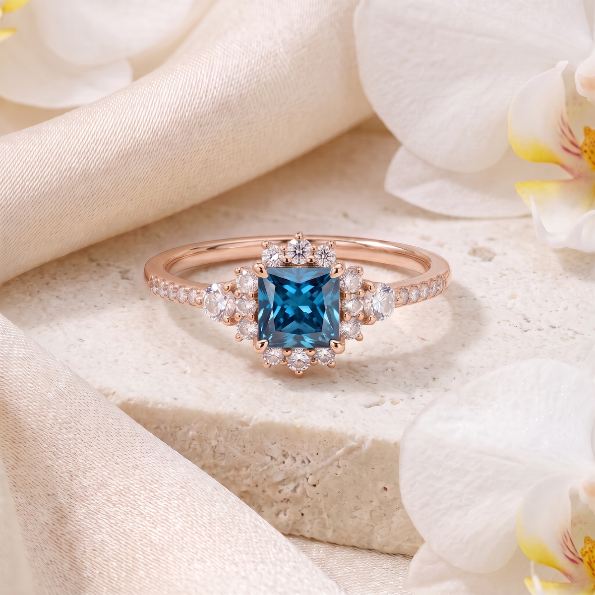 Front view of a rose gold princess cut teal blue moissanite ring surrounded by a diamond halo.