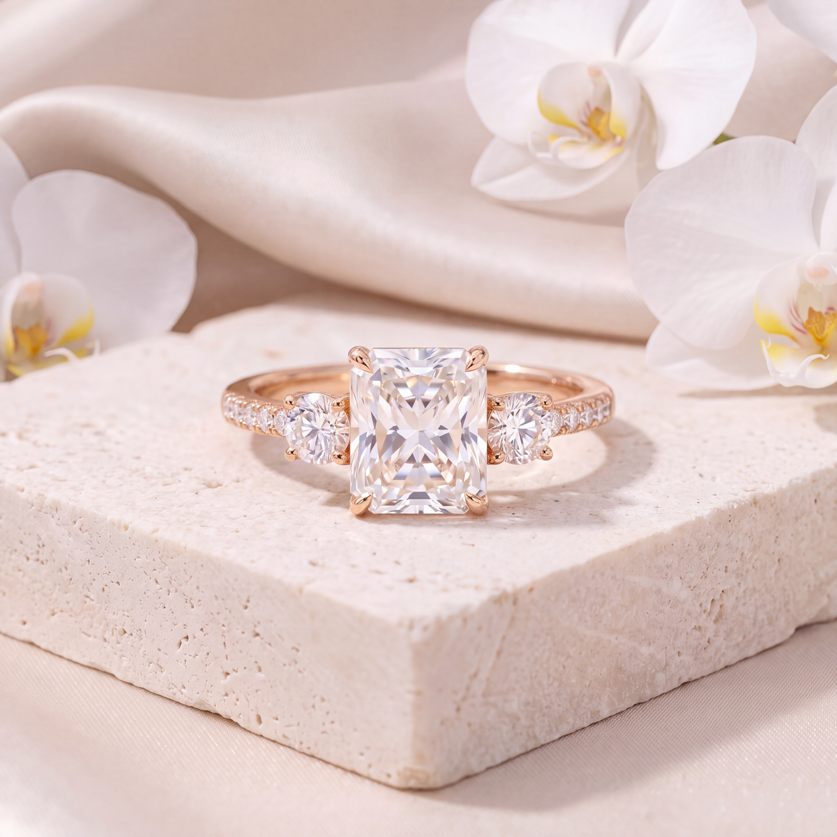 Radiant cut moissanite three-stone ring with round side stones in rose gold.