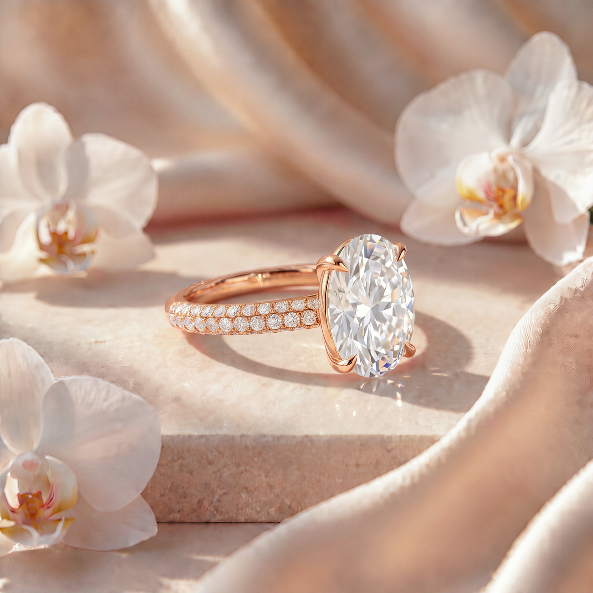 Side view of an oval-cut moissanite engagement ring in rose gold showing the pavé setting details.