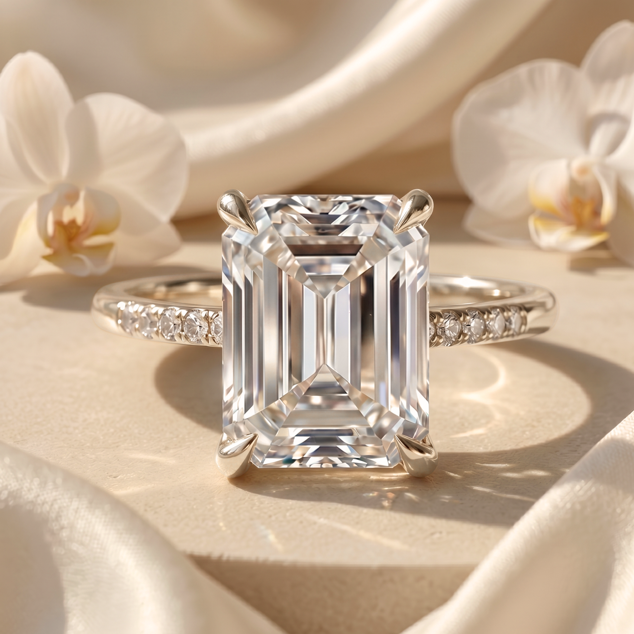 An elegant emerald cut moissanite engagement ring with a white gold diamond-accented band, displayed on a cream surface.