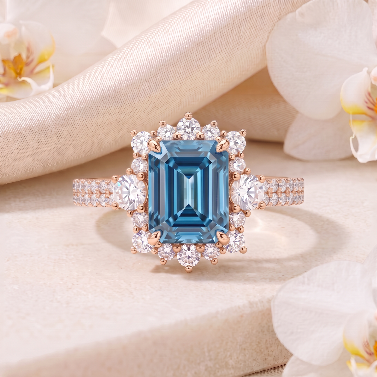 Emerald-cut blue moissanite halo engagement ring in rose gold with pavé band.