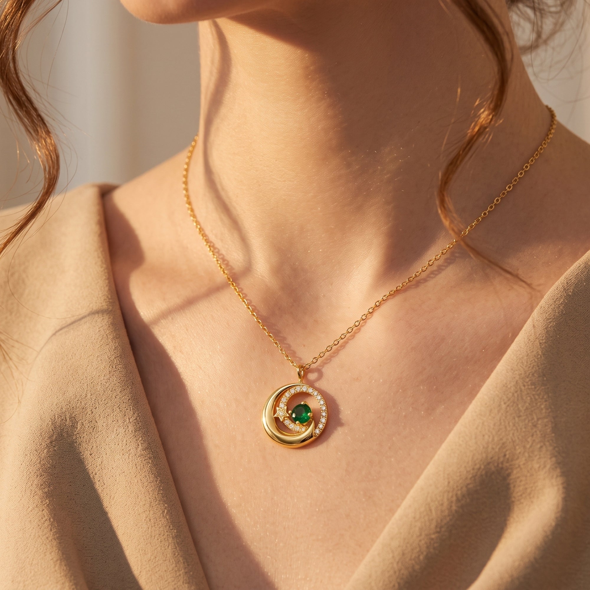 Solid gold crescent moon birthstone necklace with Zirconia stars, a celestial pendant.