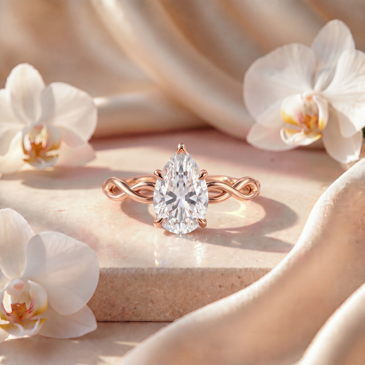 Rose gold pear-cut moissanite solitaire ring with a delicate twisted band.