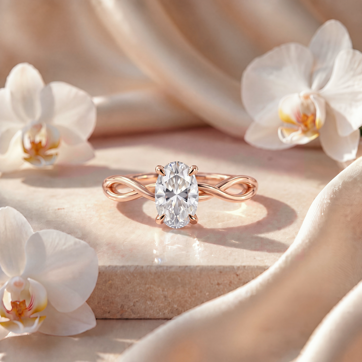 A rose gold oval-cut moissanite engagement ring featuring a twisted shank.