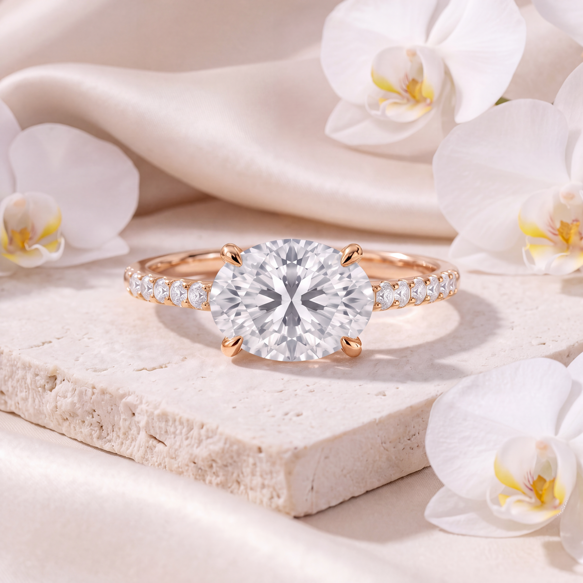 An east-west oval moissanite engagement ring with a pavé band in rose gold, set on travertine stone.