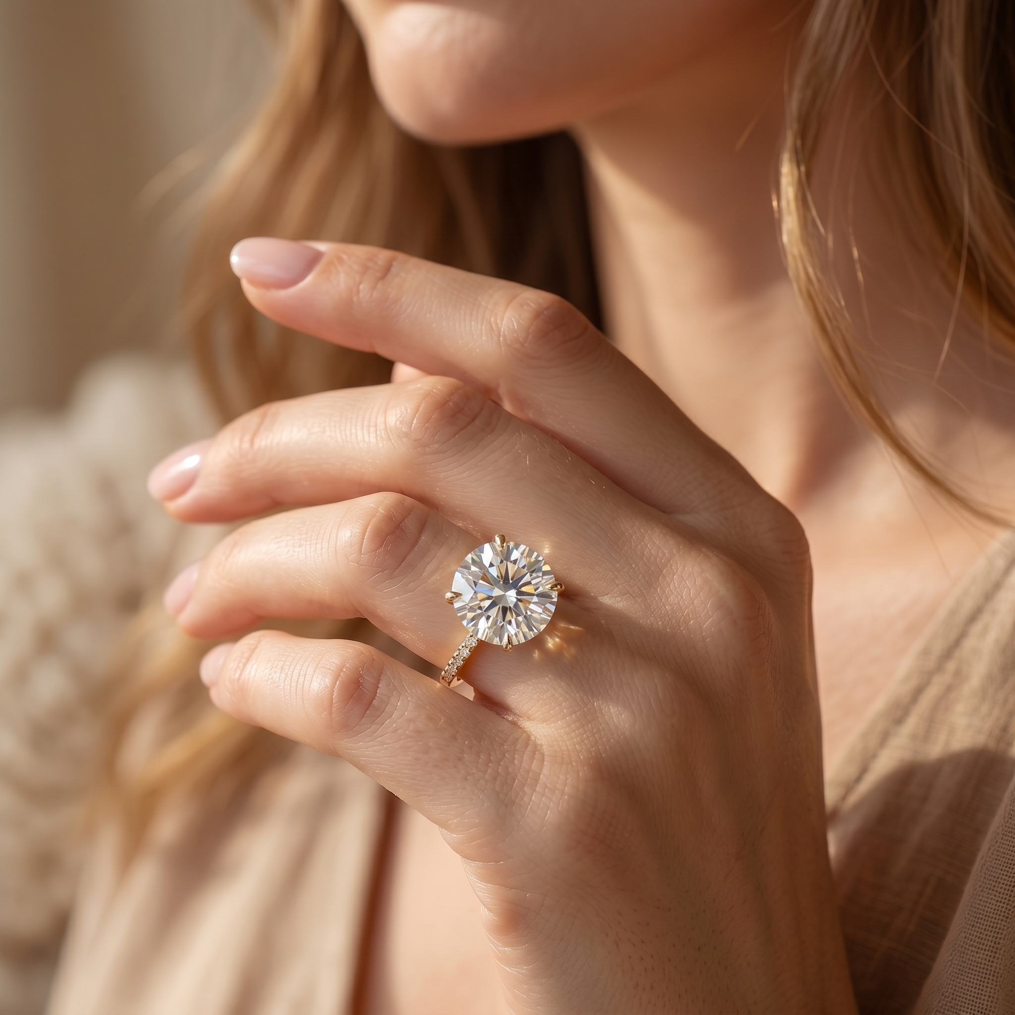 A model wearing a yellow gold round-cut moissanite engagement ring on her finger.