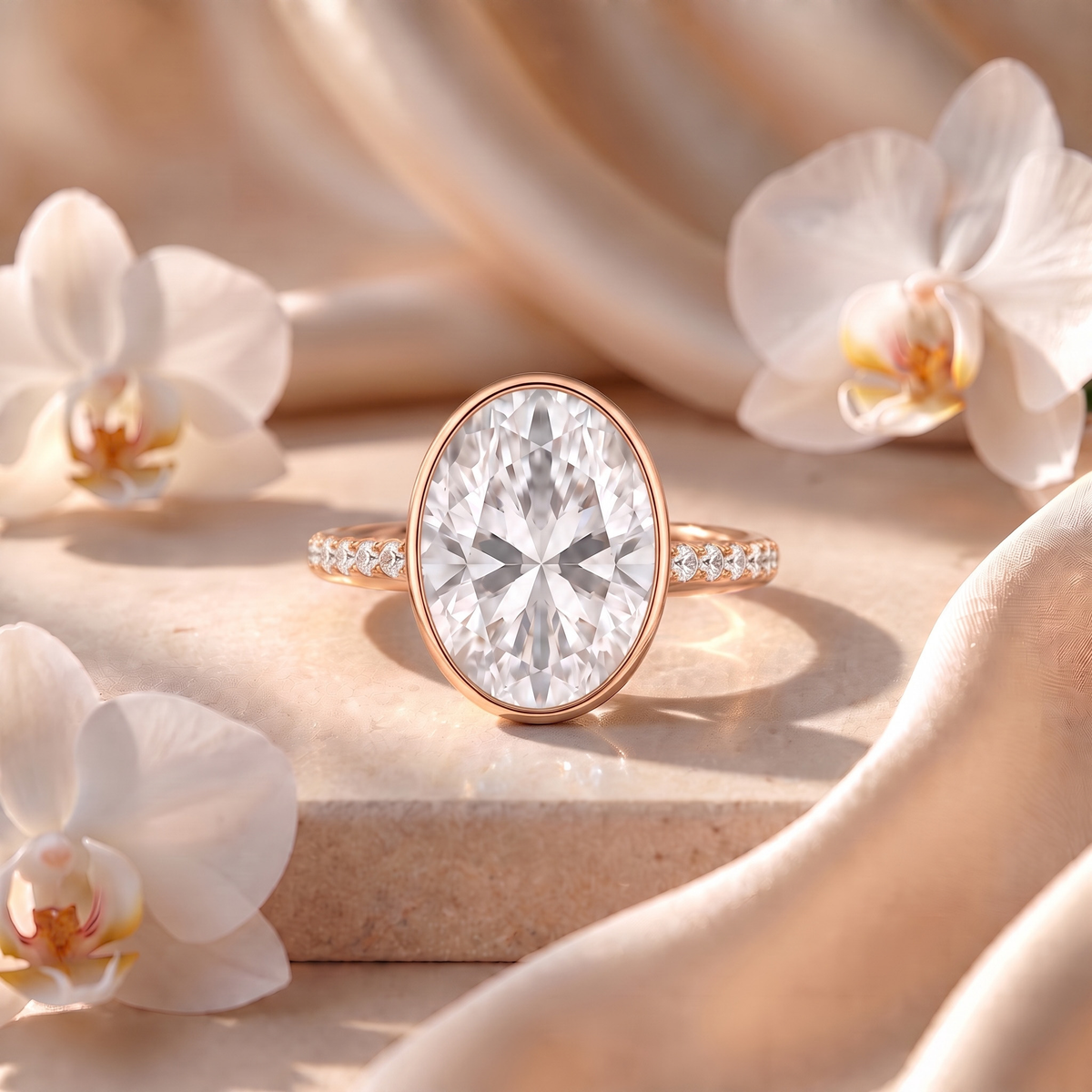 An oval moissanite bezel engagement ring in rose gold displayed on a stone surface with white orchids.