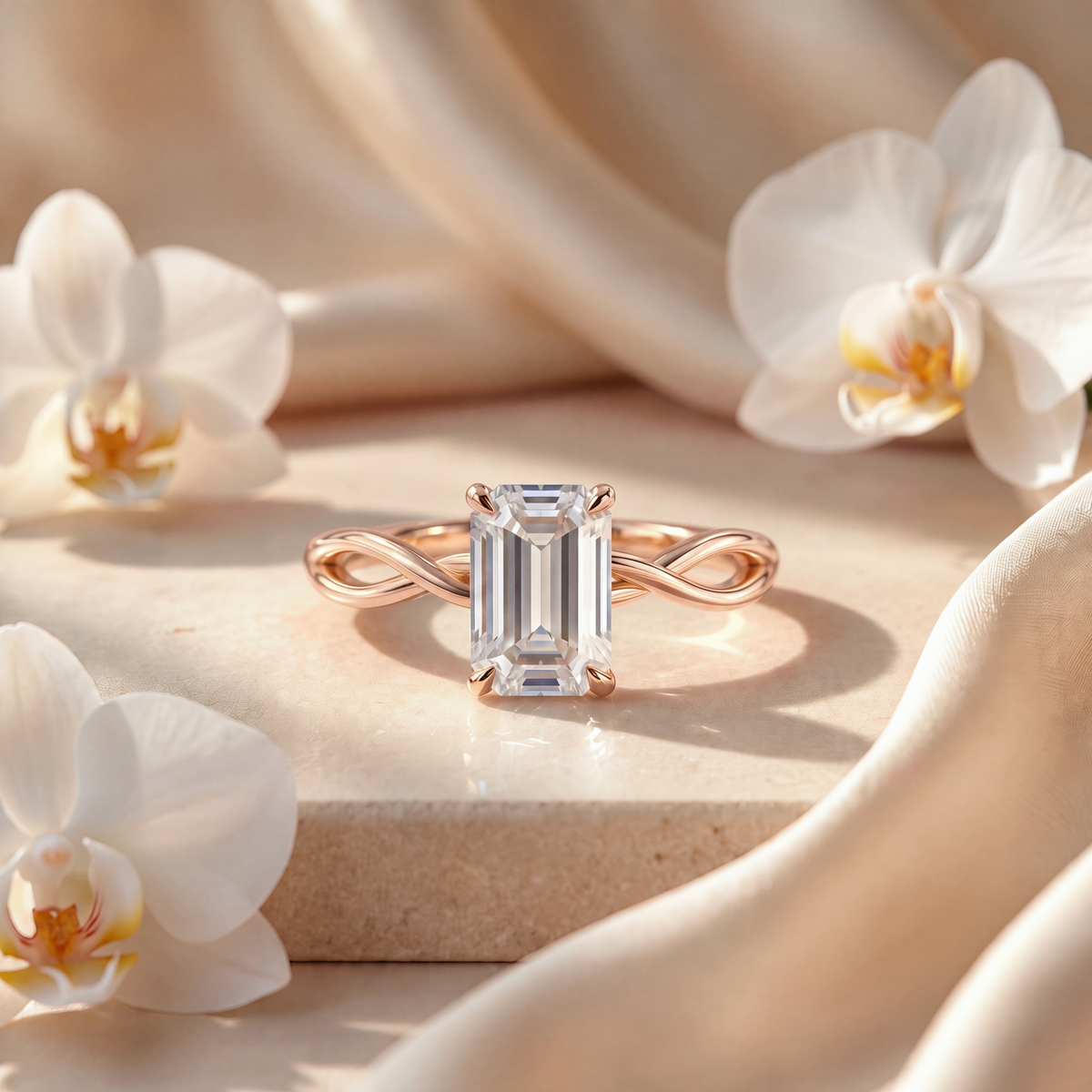 Front view of an emerald cut moissanite ring in rose gold with a twisted infinity band.