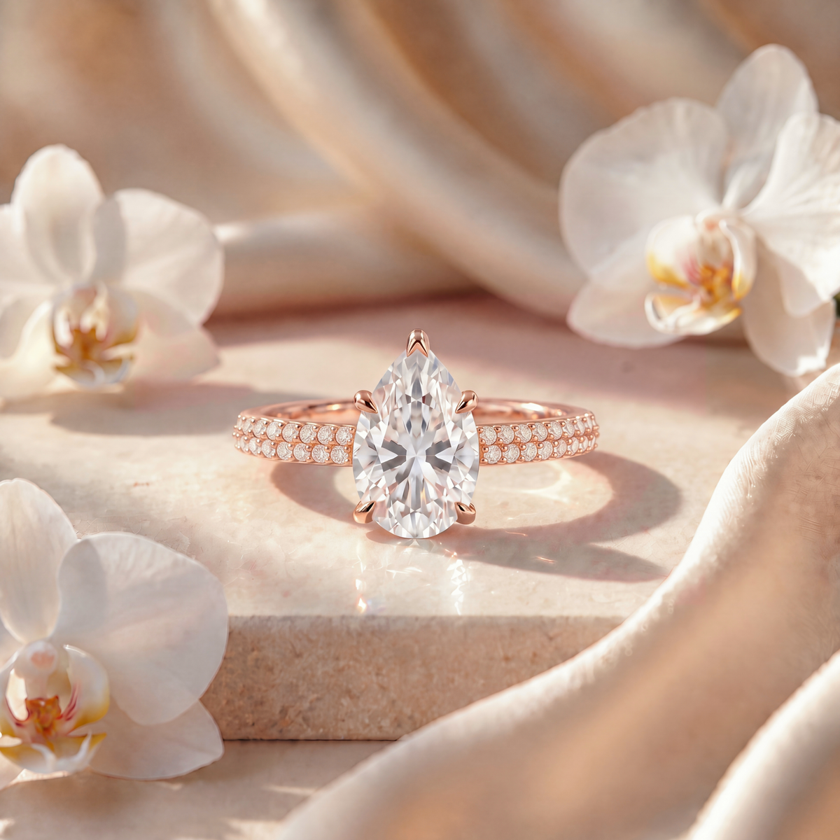 Rose gold pear-cut moissanite engagement ring with a double-row pavé band.
