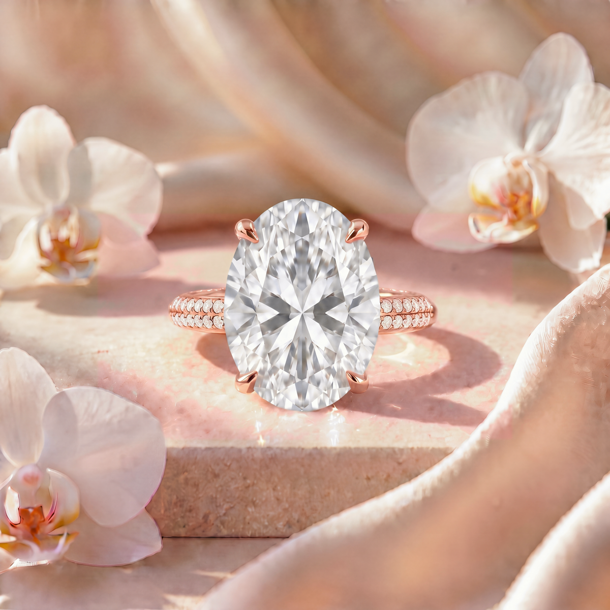 Front view of an oval moissanite engagement ring with a double-row pavé band in rose gold.