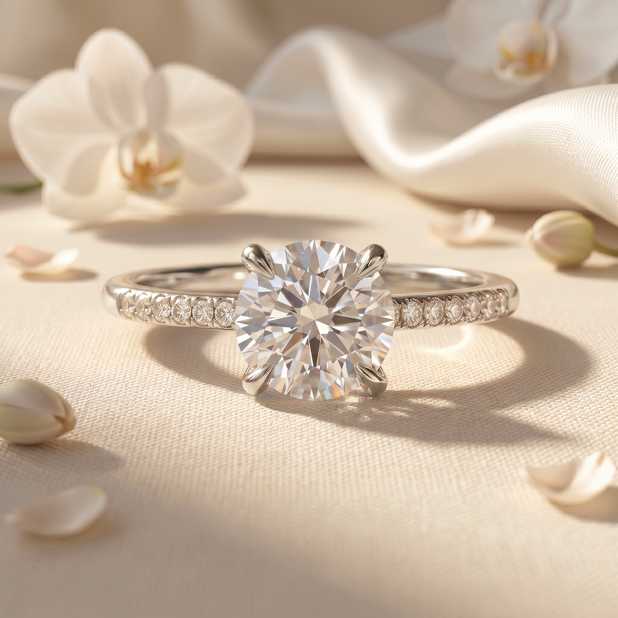 A white gold moissanite engagement ring with a round-cut center stone and pavé diamond band displayed on soft cream silk.