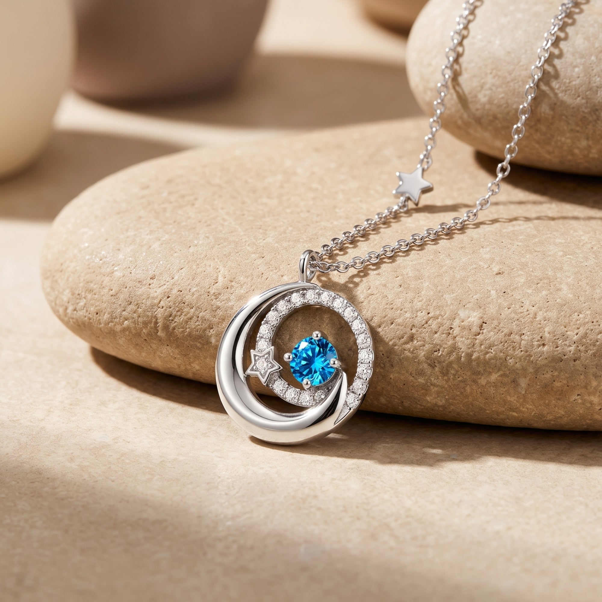 Solid gold crescent moon birthstone necklace with Zirconia stars, a celestial pendant.