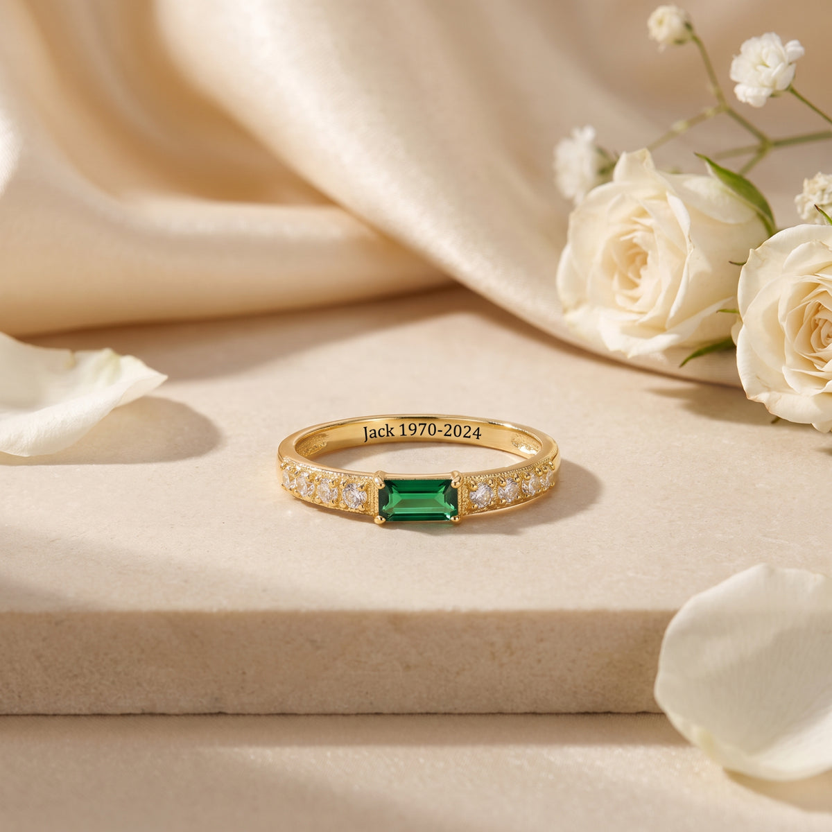 Gold-vermeil Cherished Memorial Ring showing the example interior memorial text