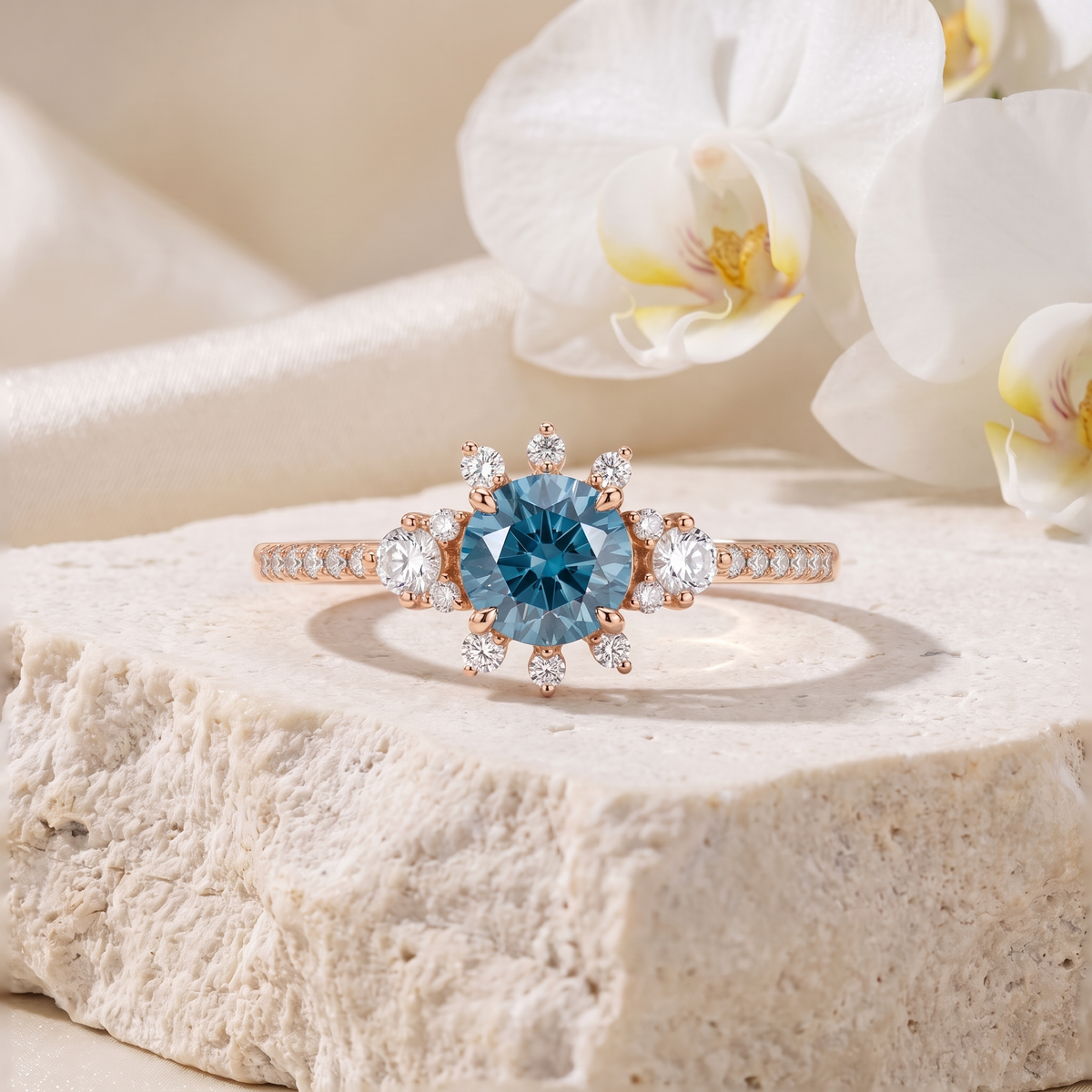 Rose gold moissanite engagement ring with a round blue center stone and a starburst halo setting.