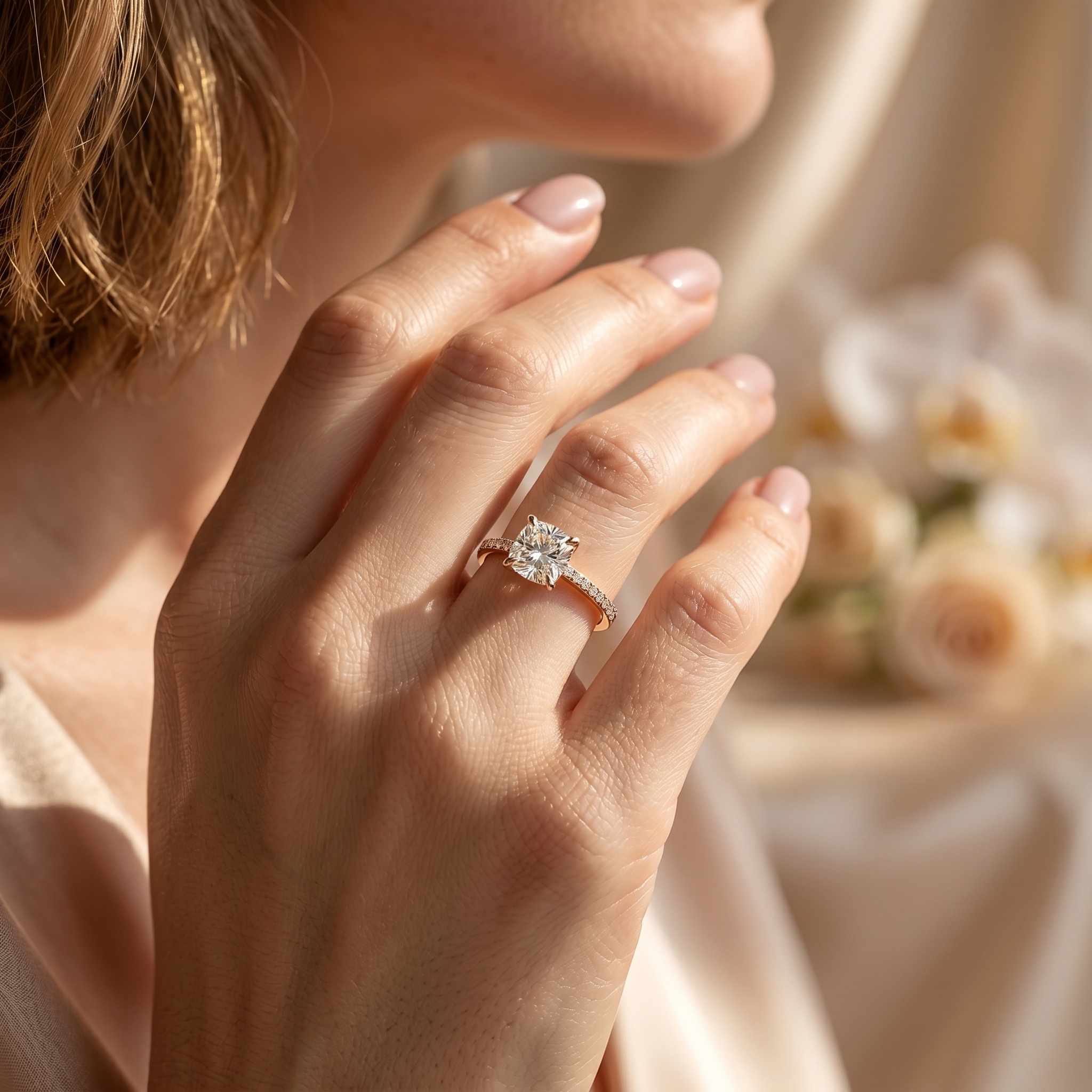A woman wearing a yellow gold cushion cut moissanite engagement ring on her ring finger.