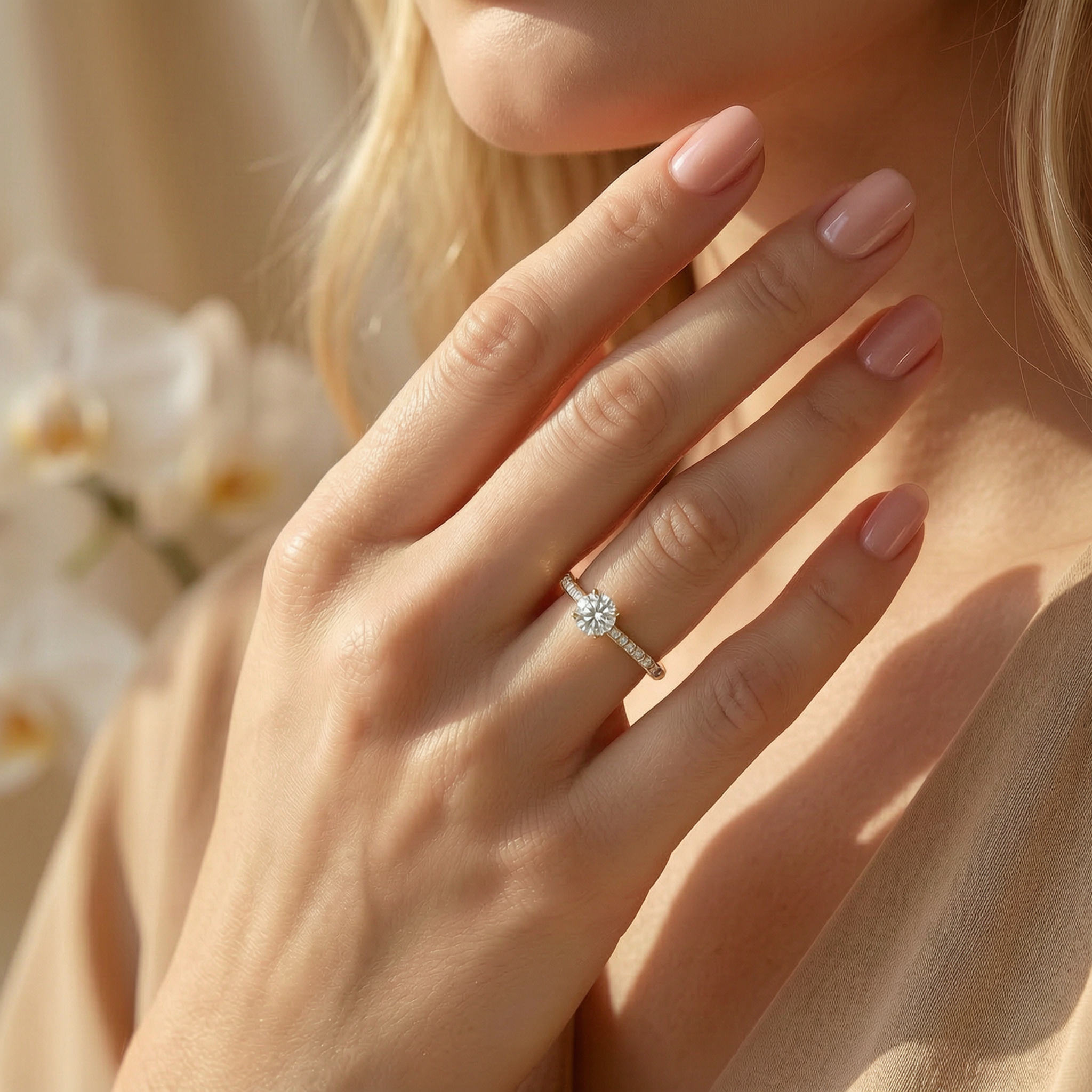 A close-up view of a woman's hand showcasing a brilliant yellow gold moissanite engagement ring.