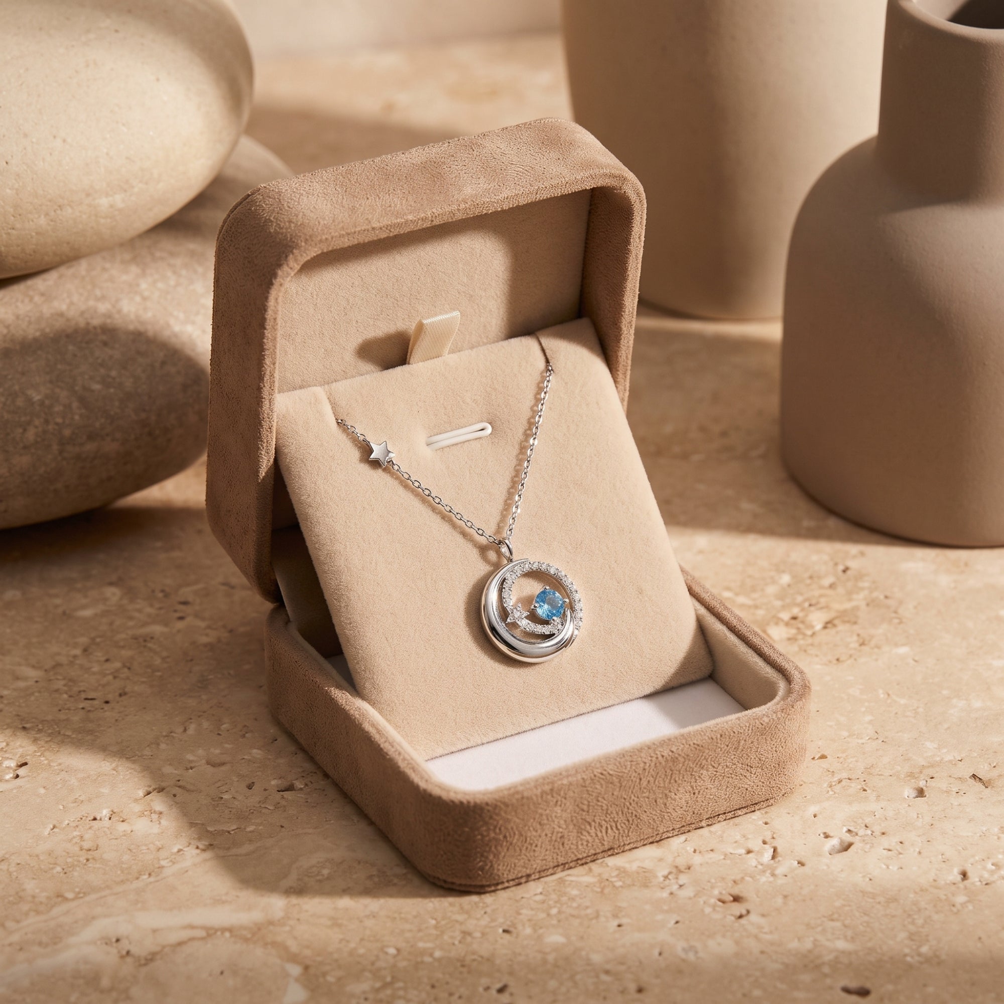 Solid gold crescent moon birthstone necklace with Zirconia stars, a celestial pendant.