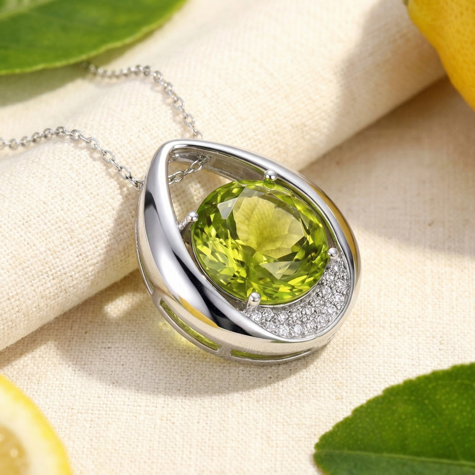 Top-down view of the sterling silver peridot teardrop pendant with accent stones, styled with fresh citrus slices.