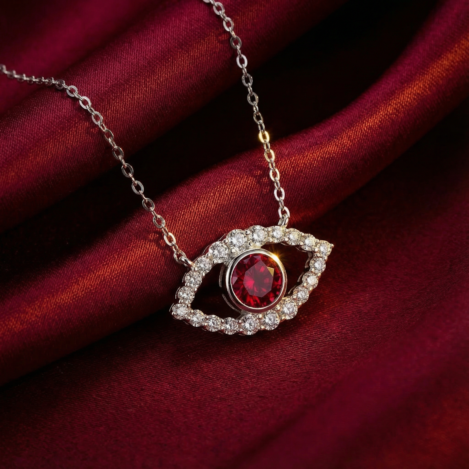 Sterling silver eye necklace with red moissanite displayed on luxurious red satin fabric.