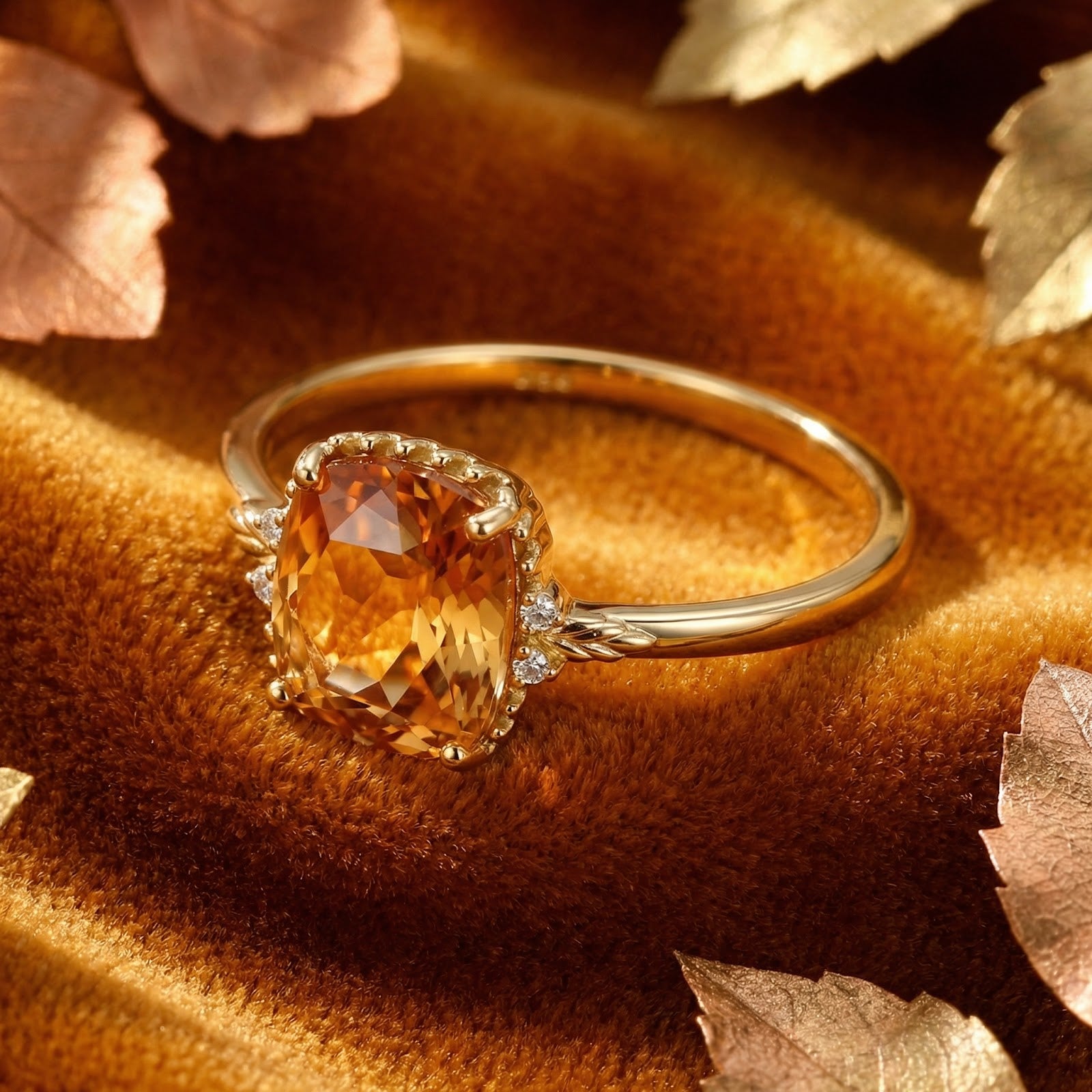 Cushion-cut honeyed simulated topaz ring in 18K gold vermeil on brown velvet with gold leaves.