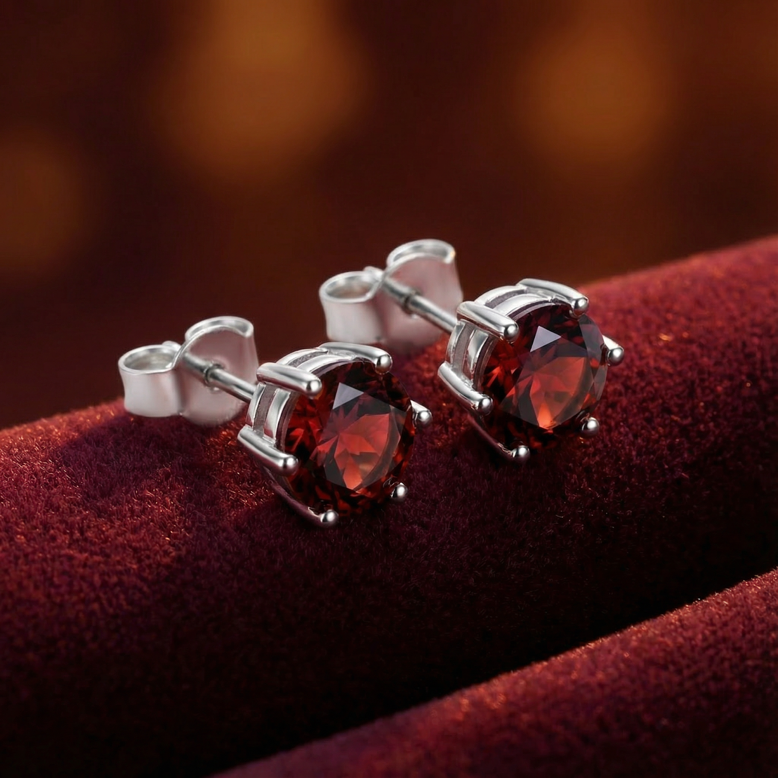Round red garnet stud earrings in S925 sterling silver prong settings resting on red velvet.