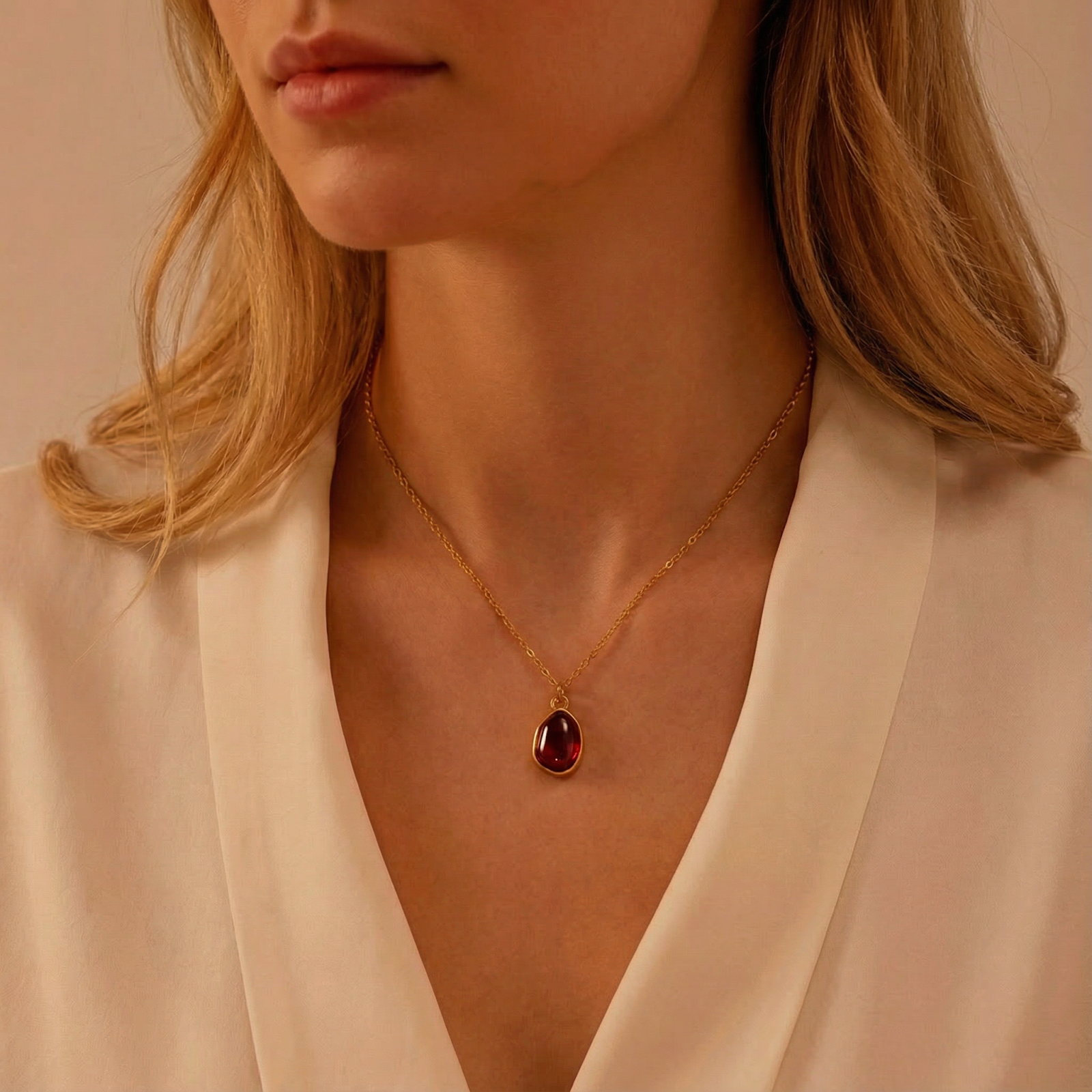 Model wearing the Melisande teardrop simulated garnet necklace in 18K gold finish over stainless steel.