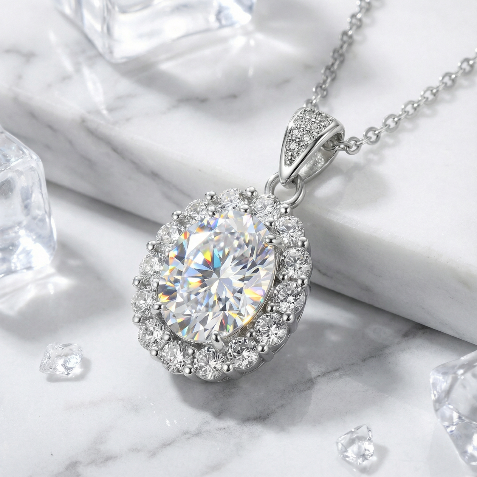 Oval cut simulated diamond halo necklace in S925 sterling silver styled on marble with ice cubes.
