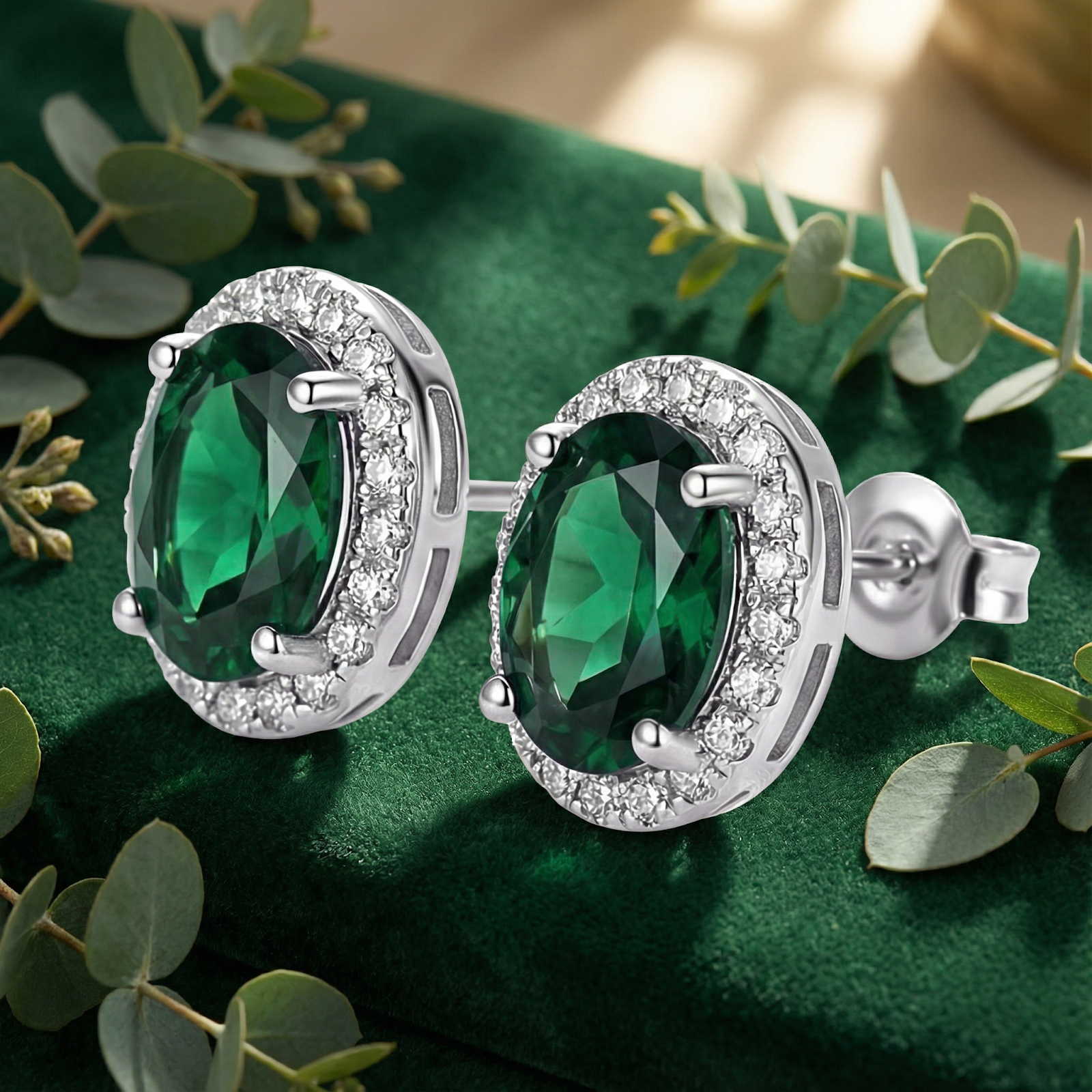 Close-up of oval simulated emerald halo studs in S925 sterling silver showing the side profile and earring posts.