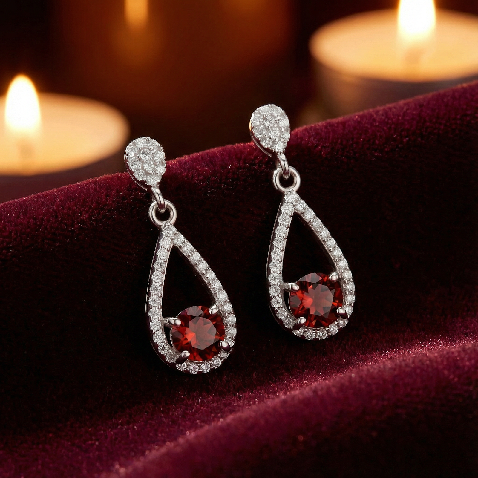Round-cut simulated garnet teardrop earrings in S925 sterling silver on red velvet with warm candle light.