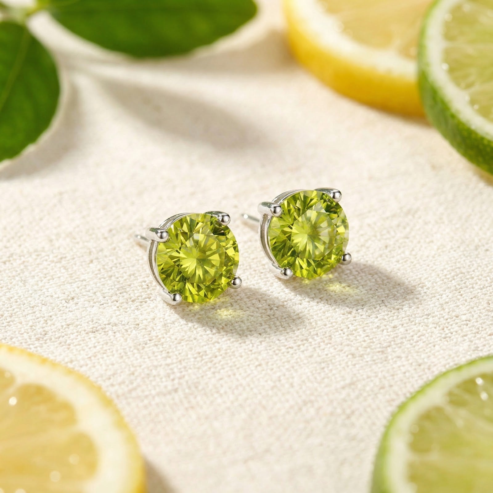 Pair of sterling silver simulated peridot stud earrings displayed with fresh lemon slices and green leaves.
