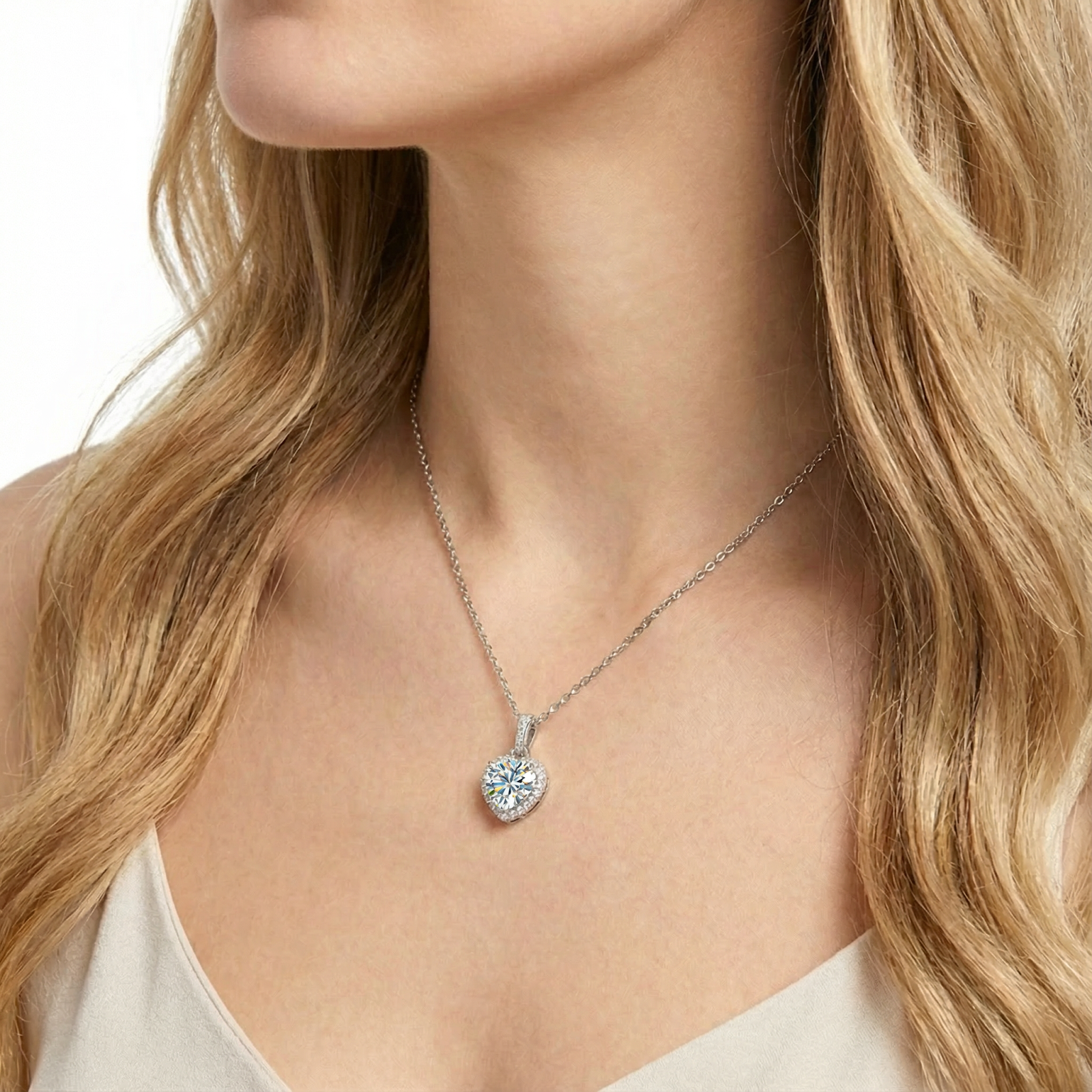 Angled view of a woman wearing a heart-cut simulated diamond halo necklace in S925 sterling silver.