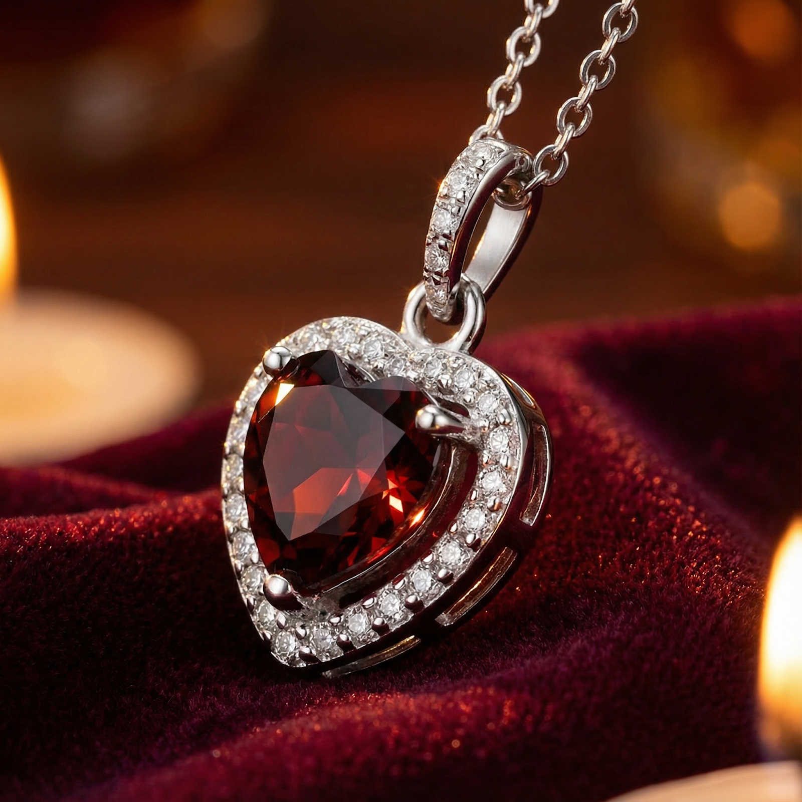 Side-angle macro view of the heart-cut red garnet pendant and diamond halo on red velvet fabric.