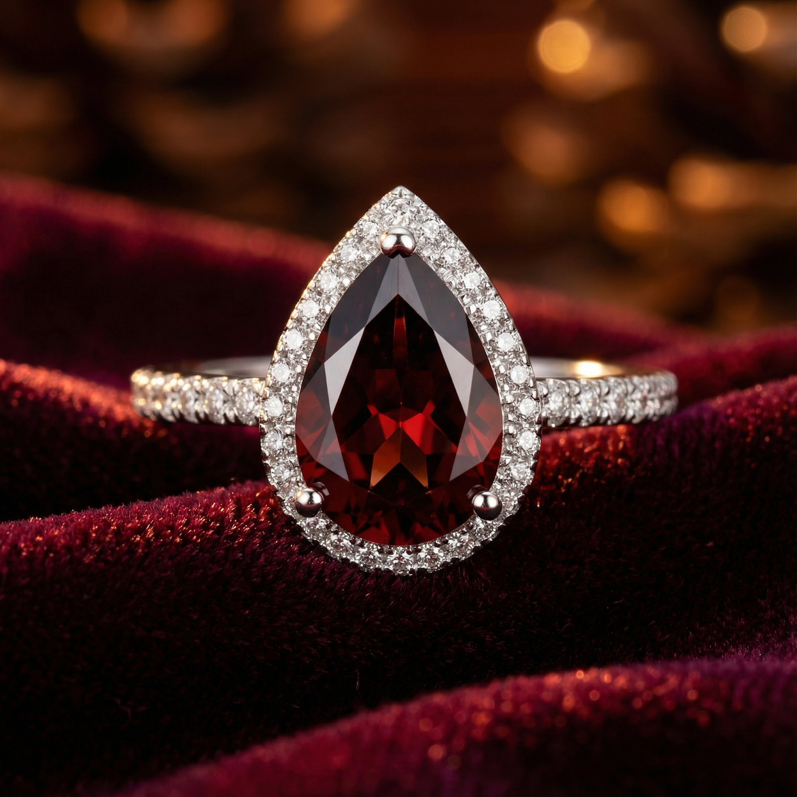 Front view of the pear-cut simulated garnet halo ring in S925 sterling silver on red velvet.