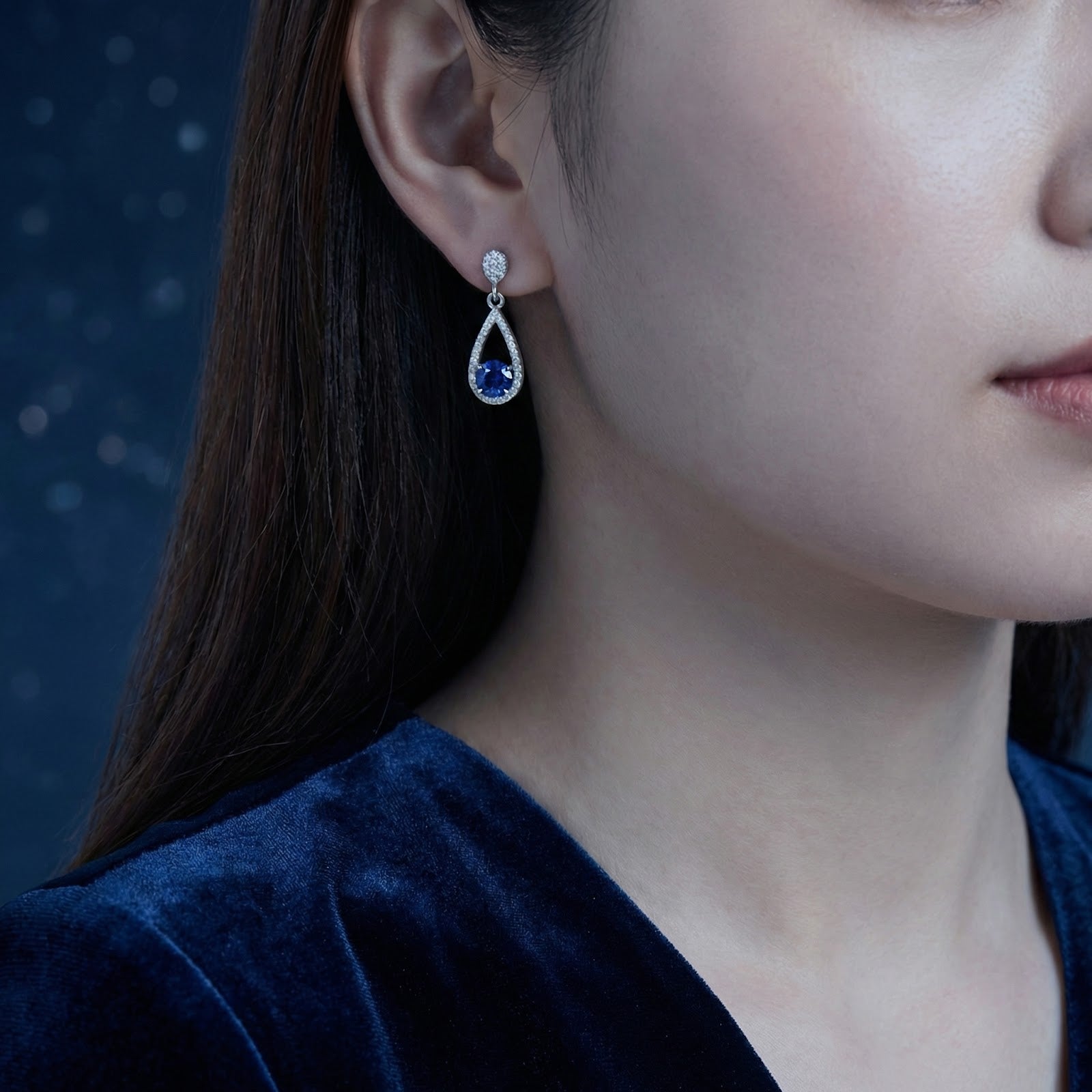 Model wearing a sterling silver teardrop earring featuring a round blue simulated sapphire.