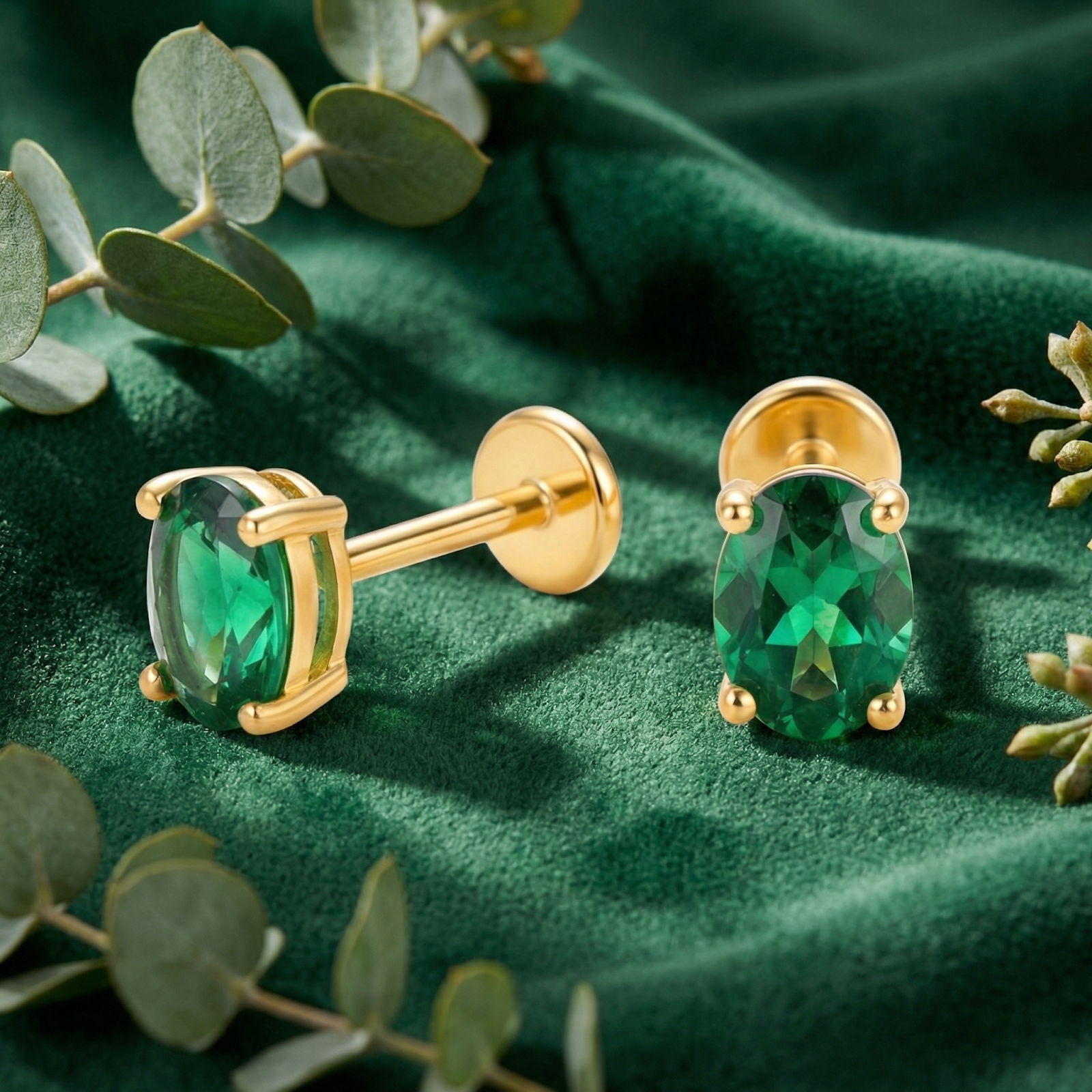 Oval simulated emerald stud earrings in 18K gold vermeil displayed on green velvet with eucalyptus leaves.