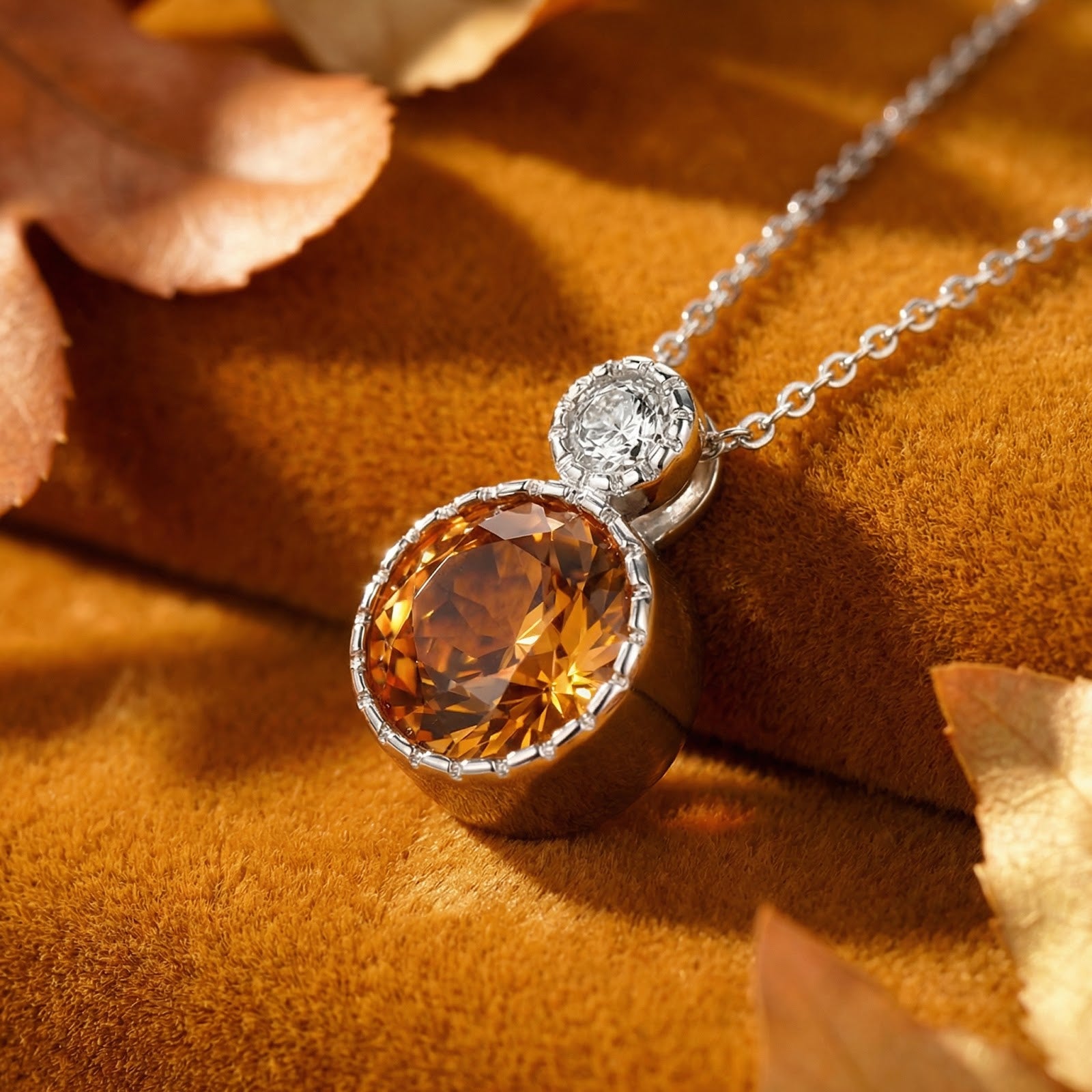 Close-up of a round-cut honeyed simulated topaz pendant in a sterling silver setting with a clear accent stone.
