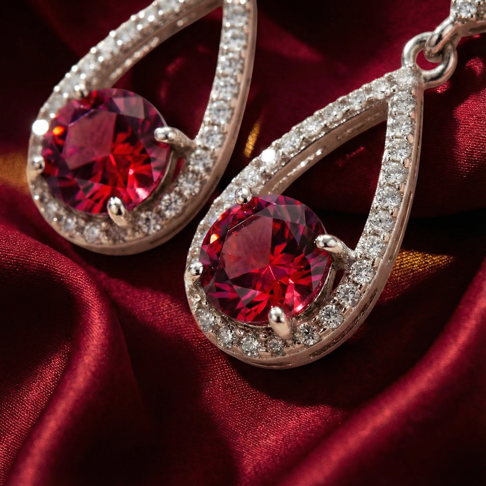 Close-up of round-cut simulated ruby stones in pave-set S925 sterling silver teardrop frames.