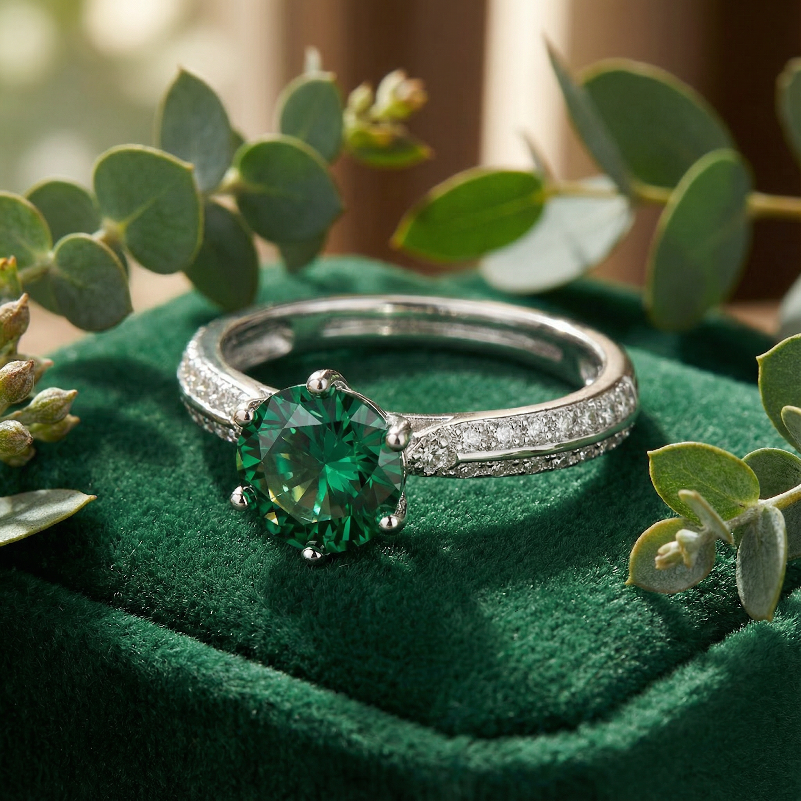 Macro shot of a forest green round simulated emerald halo ring in sterling silver with pavé accents.
