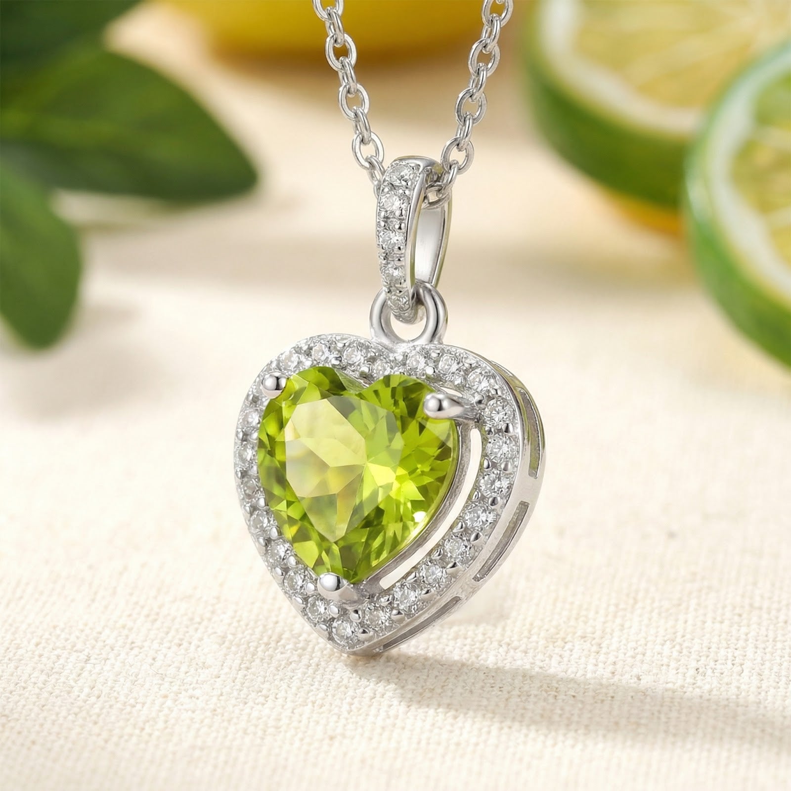 Front view of a heart-cut simulated peridot pendant in a sterling silver halo setting hanging from a silver chain.