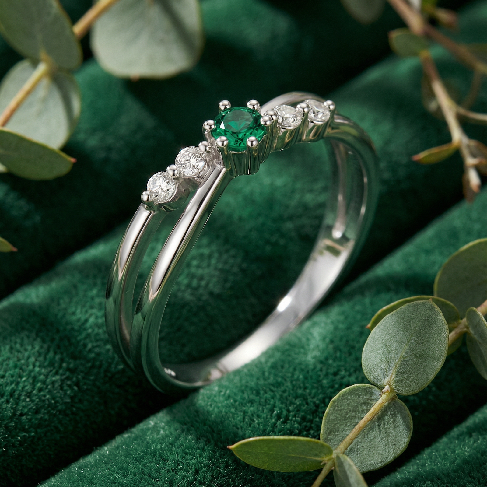 Close-up side view of a sterling silver bypass ring featuring a round forest green simulated emerald.