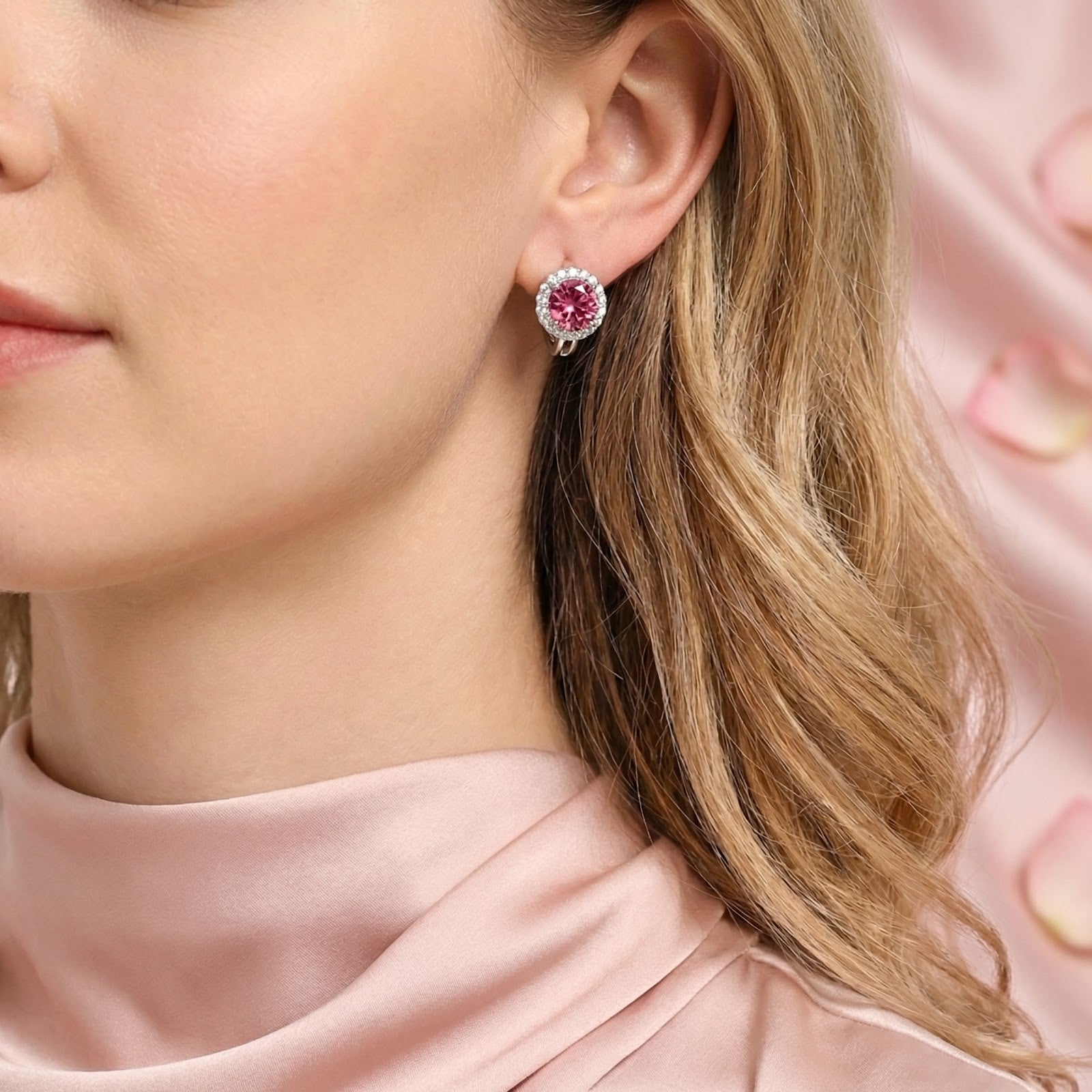 A model wearing the pink moissanite halo stud earrings in sterling silver against a pink background.