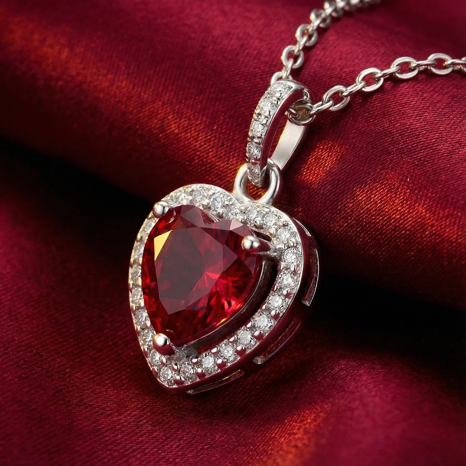 Close-up of a heart-cut simulated ruby pendant in a sterling silver halo setting on a red fabric background.
