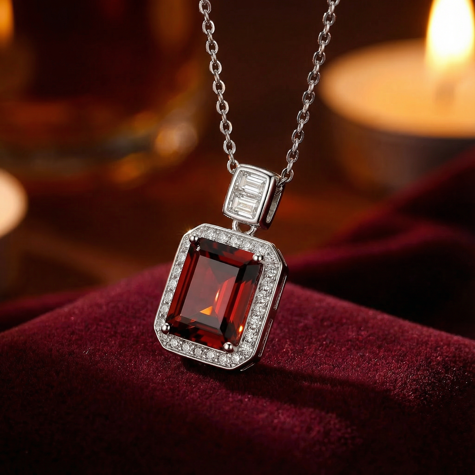 Emerald-cut simulated garnet necklace in sterling silver on red velvet with warm candle light.