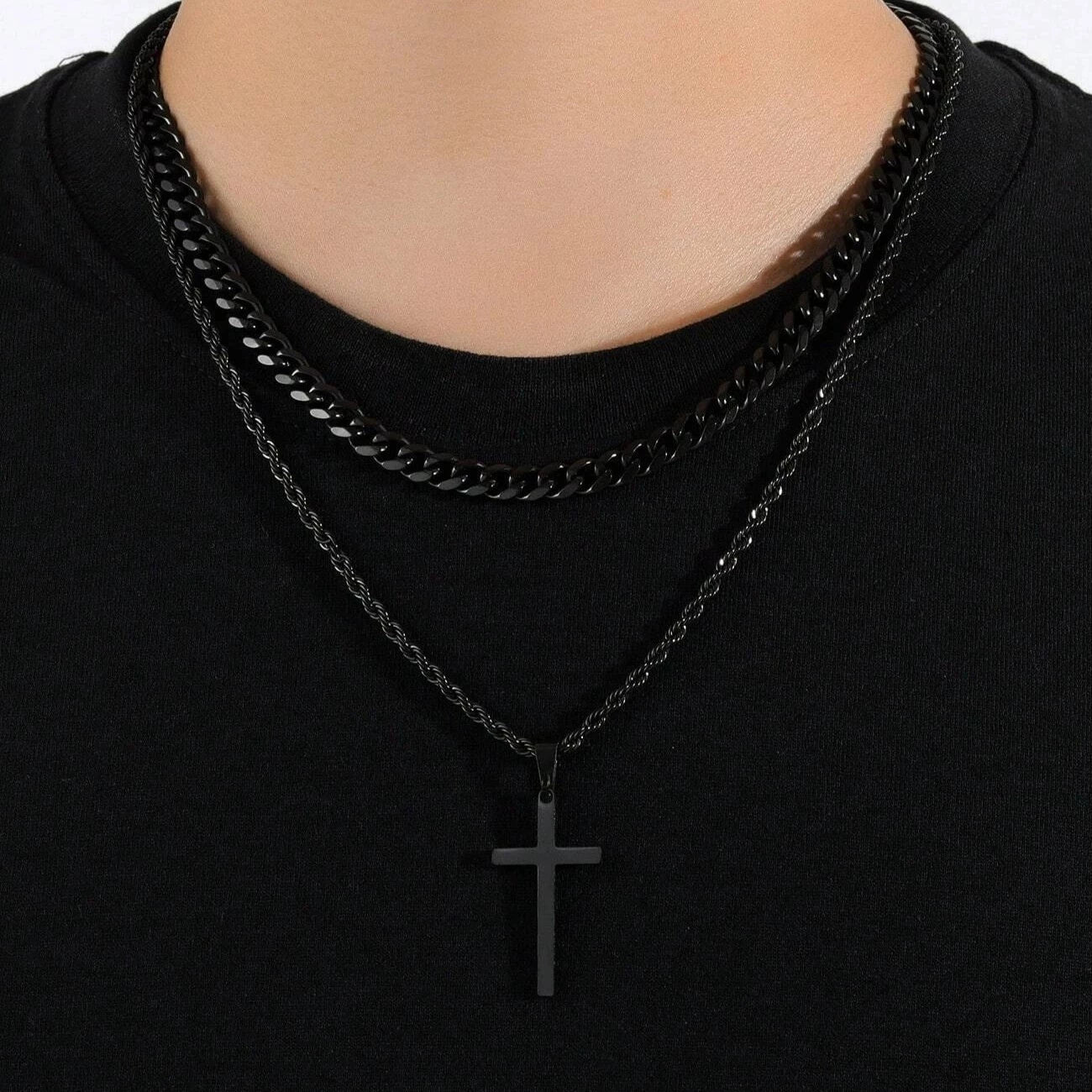 Doppellagige Herren-Halskette mit Kreuzanhänger aus 18 Karat Gold