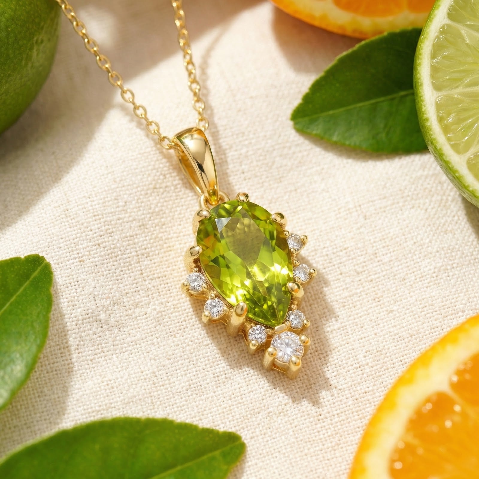 Top-down view of a pear-cut simulated peridot gold vermeil necklace styled with fresh lime and orange slices.
