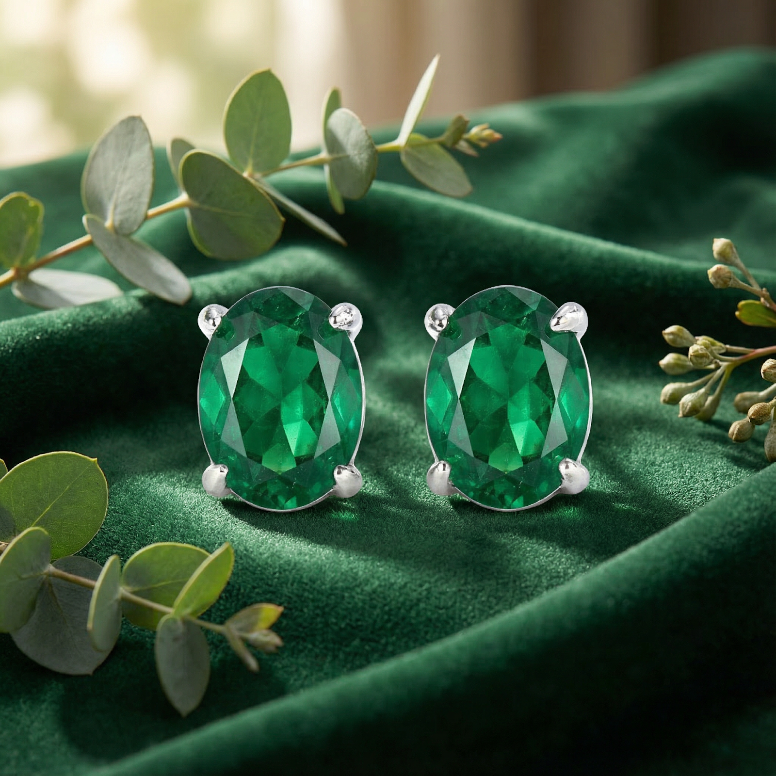 Close-up of oval-cut simulated emerald earrings in sterling silver prong settings on green velvet.