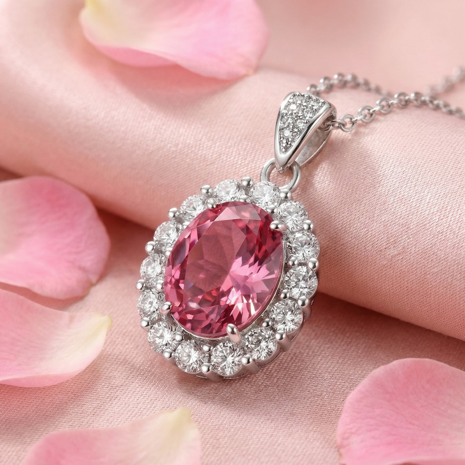 Oval-cut pink tourmaline halo pendant in S925 sterling silver resting on pink silk with rose petals.