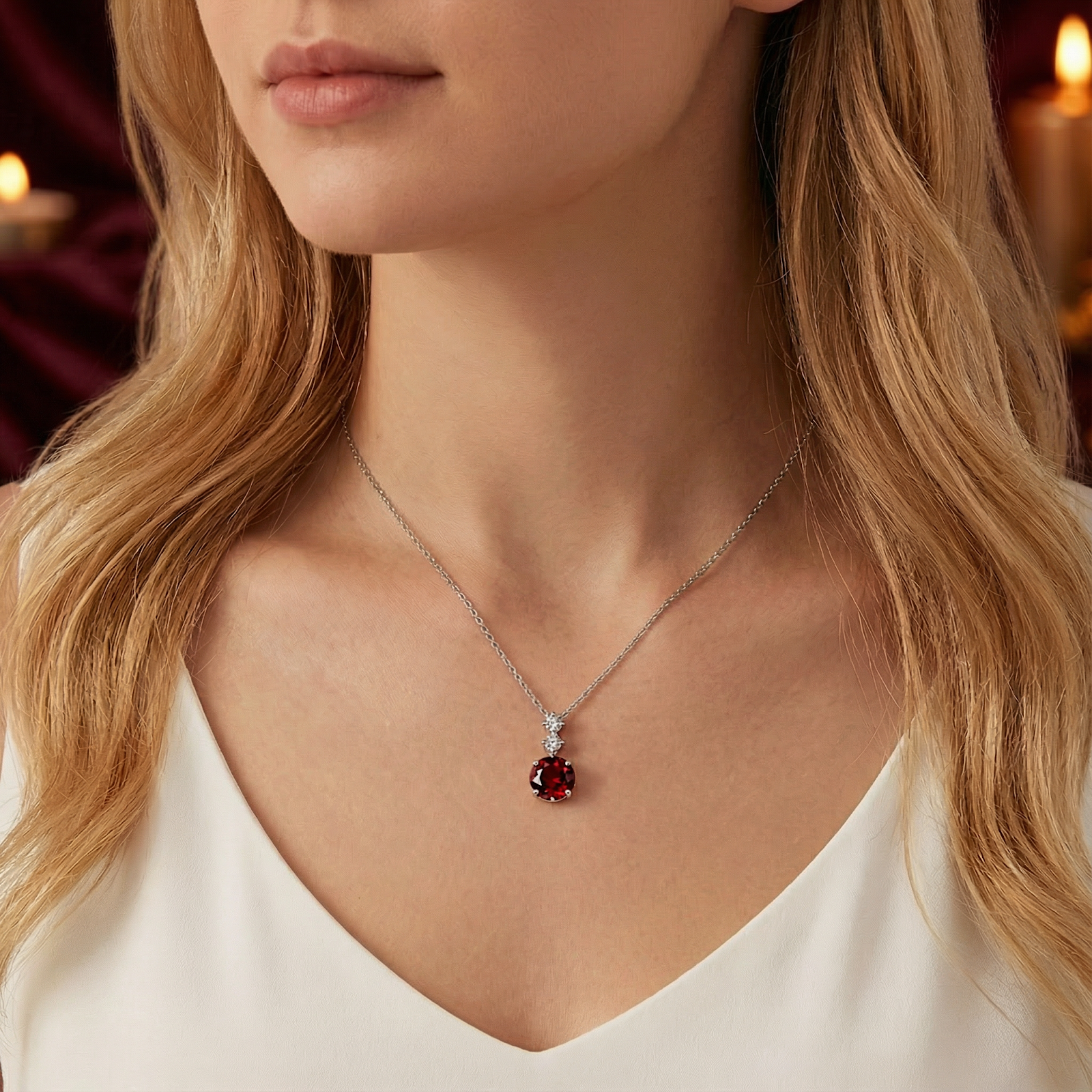 Close-up of a silver necklace with a round red garnet drop pendant worn by a model in a white V-neck shirt.
