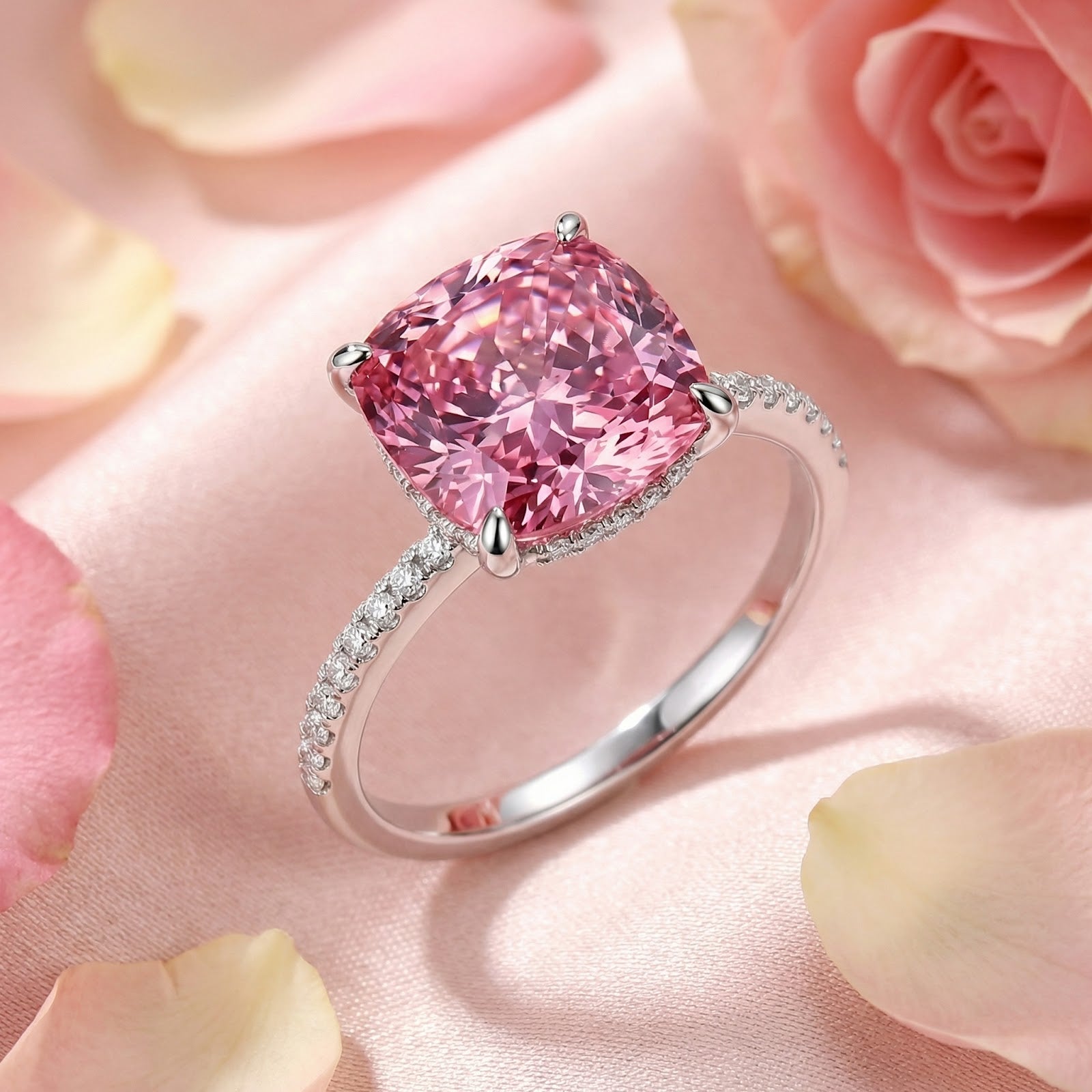 Cushion-cut simulated pink tourmaline ring in S925 sterling silver on pink silk with rose petals.
